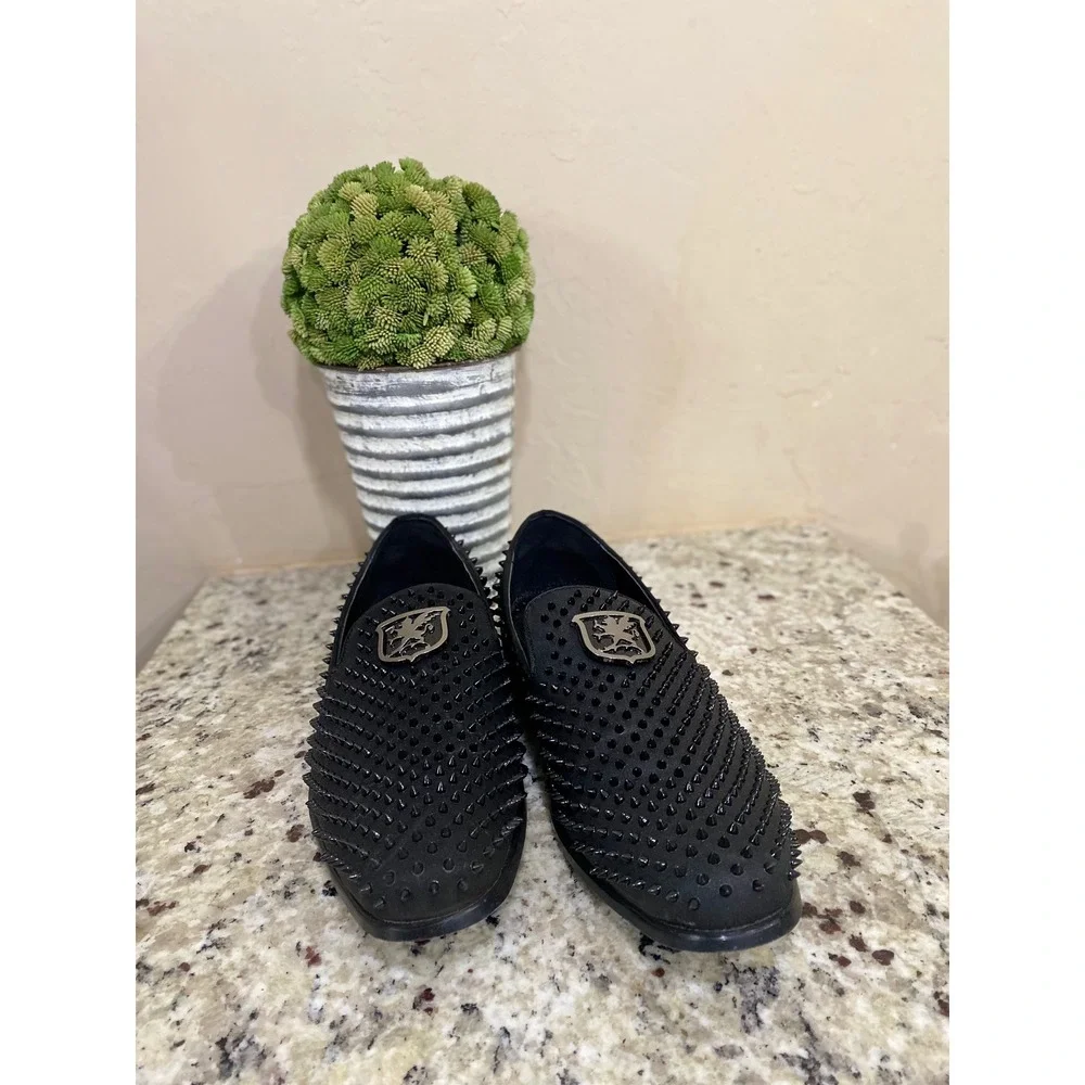 Stacy Adams Mens Black Studded Spiked Crest Shield Loafers Dress‎ Shoes